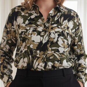 Chico's Olive Tan White Floral Semi Sheer Long Sleeve Top 4